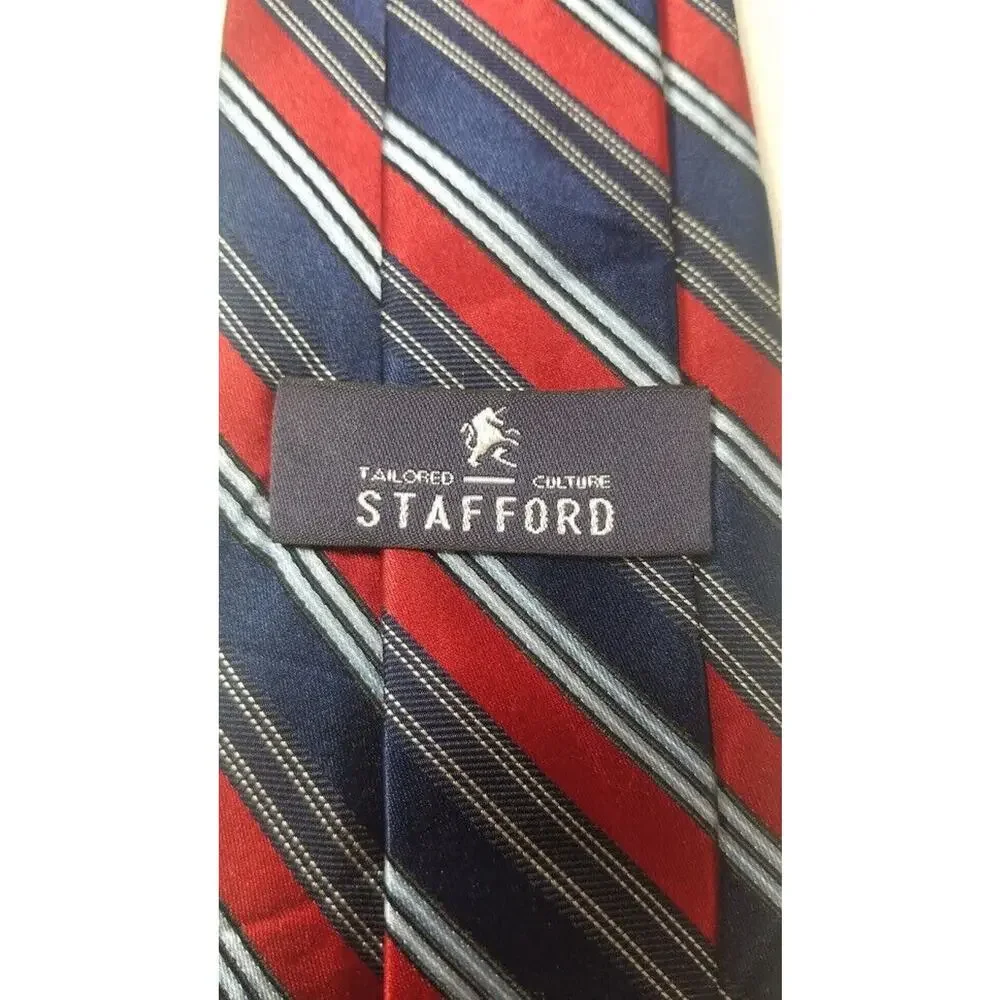 Stafford Men's Handmade Silk Tie Multi-Color Striped Red Blue White 58.5